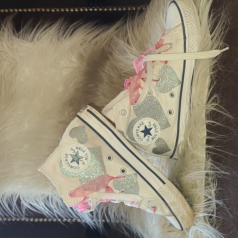 Pink and White Heart Detail Hightop Converse- Kids size